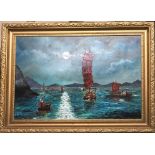 A gilt framed oil on canvas of Chinese sailing ships, size 88 x 64cm.