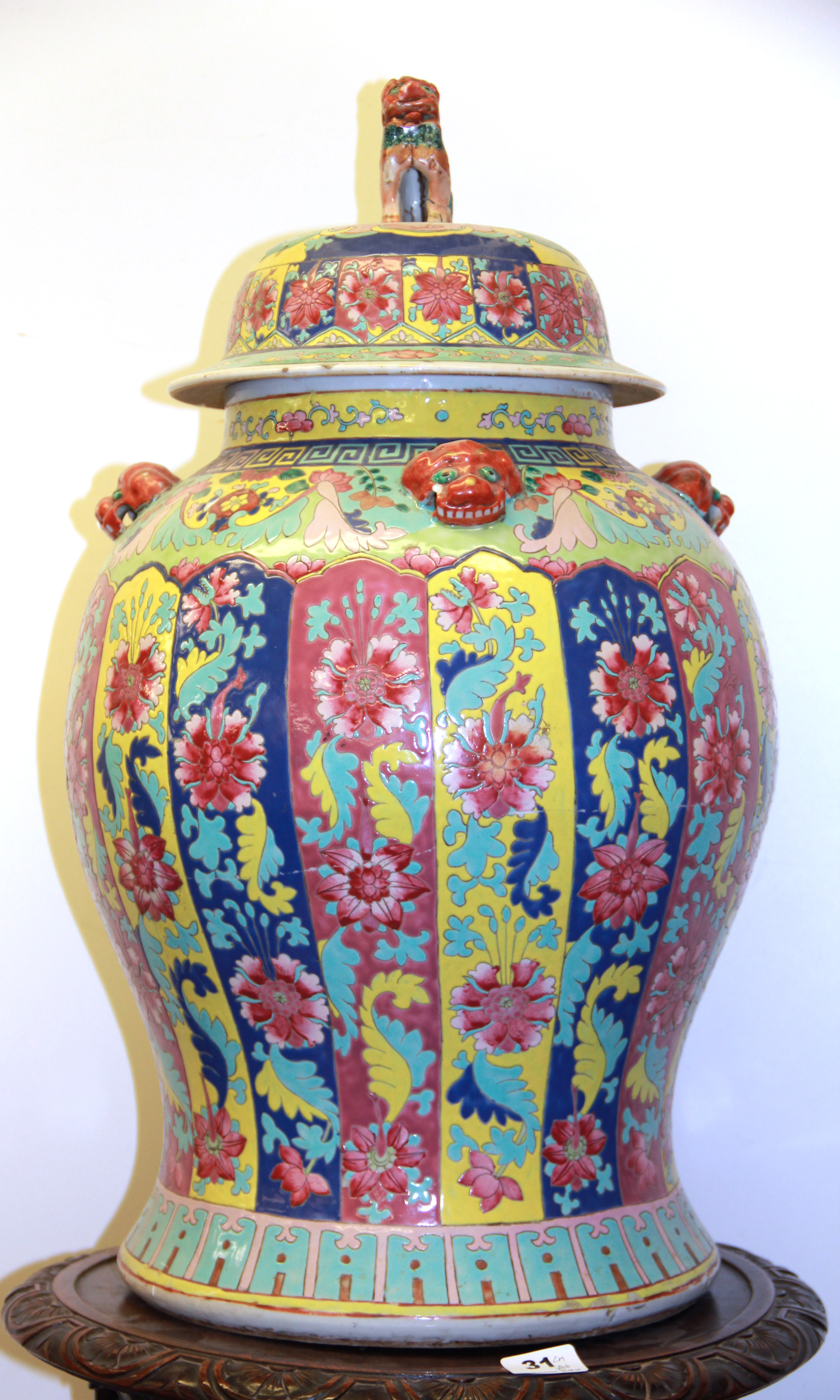 A large 19th Century Chinese hand enamelled porcelain jar and lid A/F, H. 62cm. - Image 2 of 4