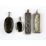 Two hallmarked silver ingot pendants and two 925 silver stone set pendants.