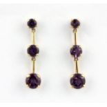 A pair of 9ct yellow gold (stamped 10k) amethyst set drop earrings, L. 2.5cm.