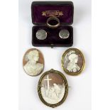 Two Victorian cameo brooches, a loose cameo, a ring and two collar studs.