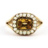 A 9ct yellow gold citrine and seed pearl set ring, (N.5).