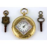 An 18ct yellow gold (stamped 18k) lady's half hunter pocket watch, with pocket watch case and two