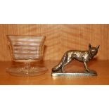 A silvered bronze figure of a fox and a small cut glass holder, fox height. 6.5cm.