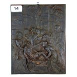 A 19th Century cast iron panel of a post crucifixion scene, 19 x 24cm.