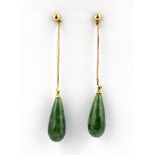 A pair of 9ct yellow gold nephrite jade set drop earrings, L. 4cm.