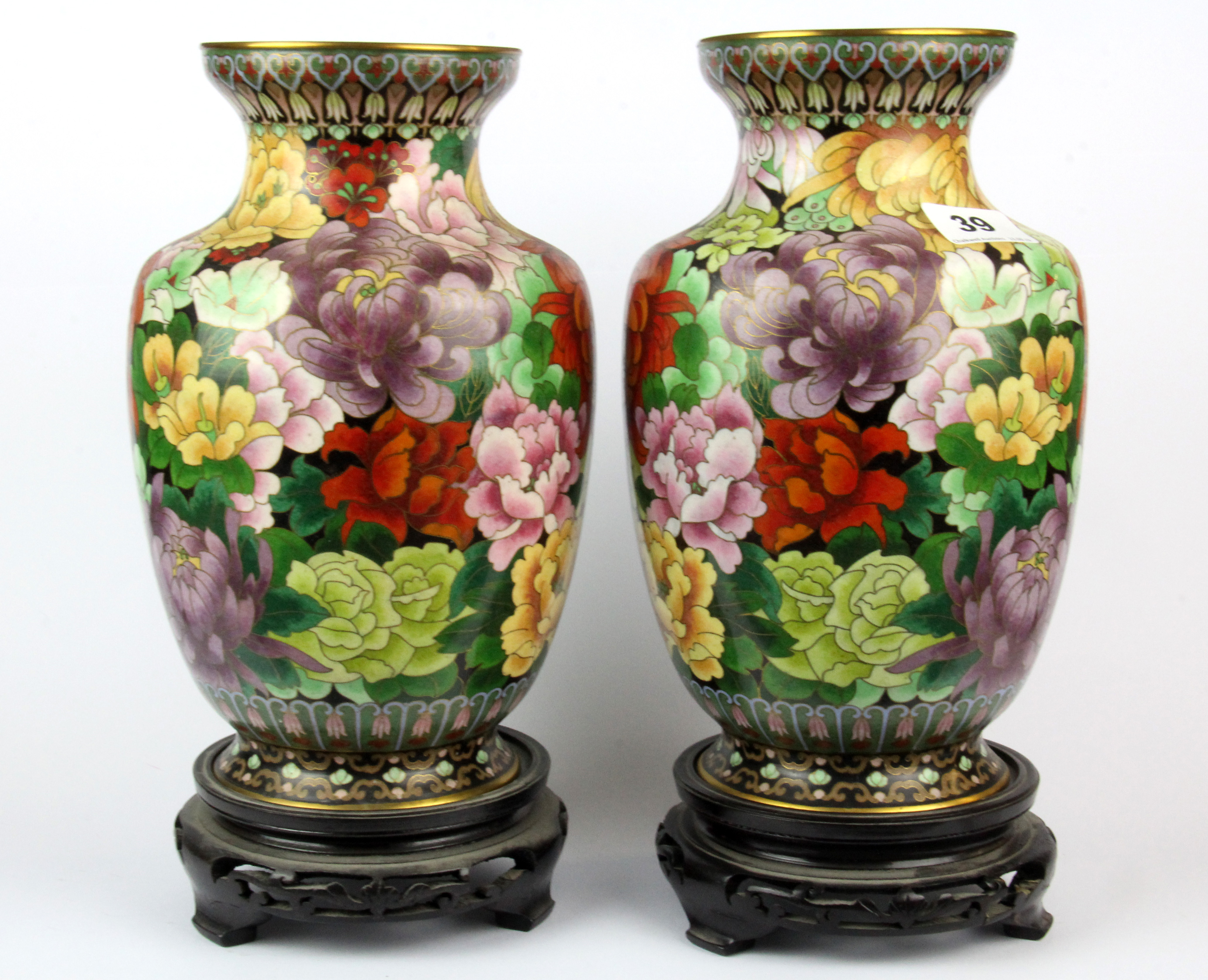 A pair of Chinese cloisonne vases on carved wooden stands, H. 30cm. - Image 2 of 2