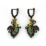 A pair of Hana Maae designer 925 silver gilt earrings set with emeralds, rodolite garnet and other