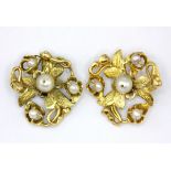 A pair of yellow metal pearl set earrings, with 18ct gold butterflies, L. 1.6cm.