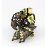 A Hana Maae designer 925 silver gilt ring in the shape of a fantail fish, set with peridot, citrines