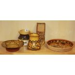 Five interesting pieces of studio and slipware pottery, vase H. 19cm.