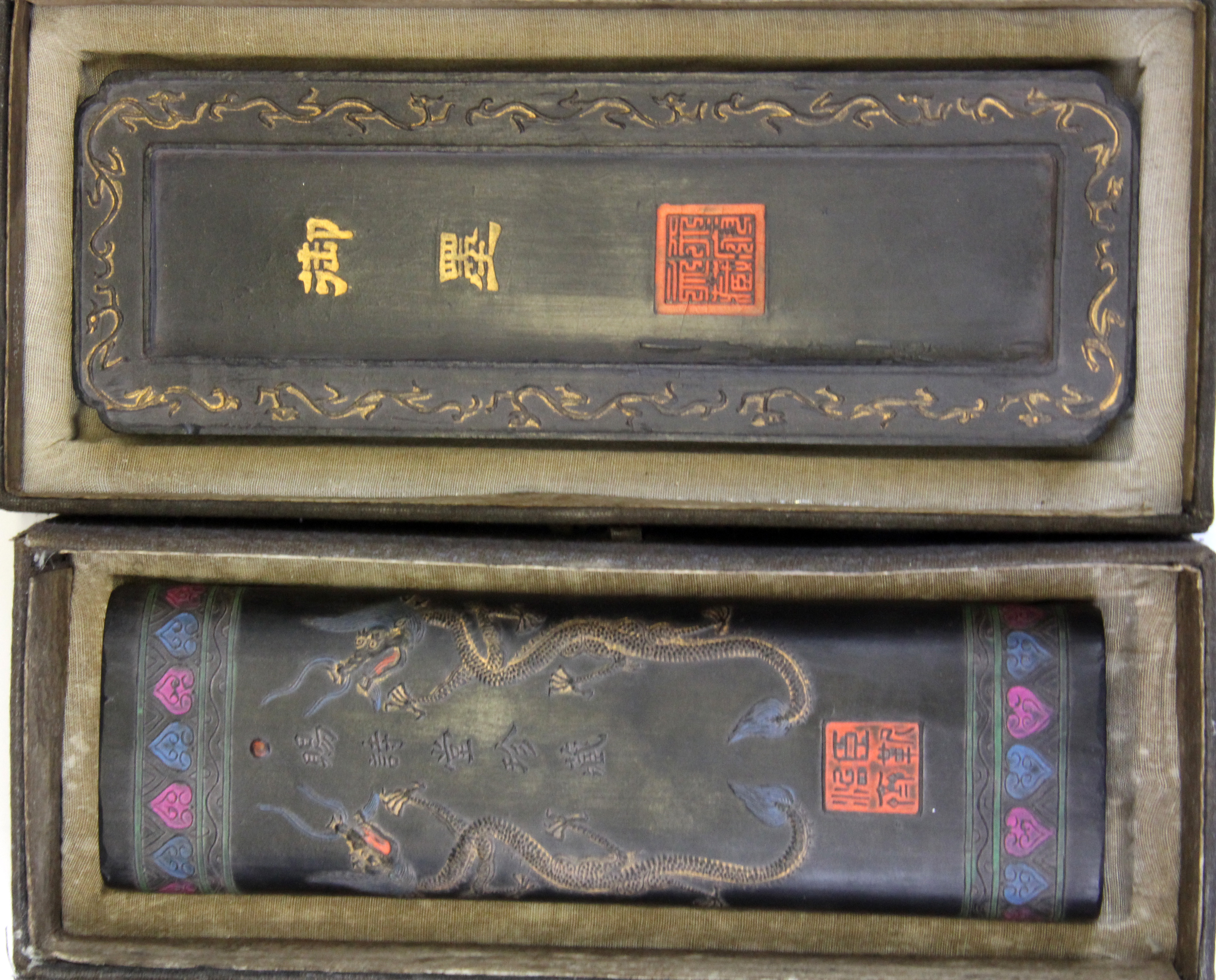 Two Chinese boxed hand decorated calligraphy ink blocks, longest L. 23cm. - Image 2 of 3