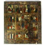 A hand painted Russian icon on wooden panel, size 30 x 35cm.