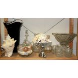 A glass punch set, vase, decanters and a collection of shells.