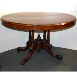 A Victorian inlaid mahogany pedestal tilt top dining table, size 190 x 91cm.