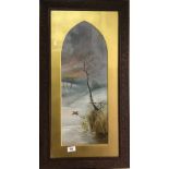 An Edwardian oil on artists board under glass in a carved oak frame, framed size 43 x 79cm.
