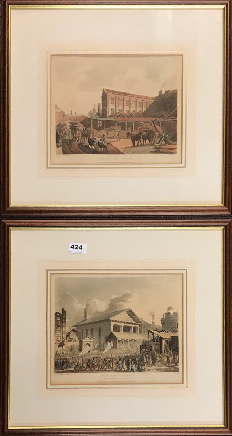 A pair of antique framed prints of Covent Garden and Leaden Hall markets, London dated 1808,