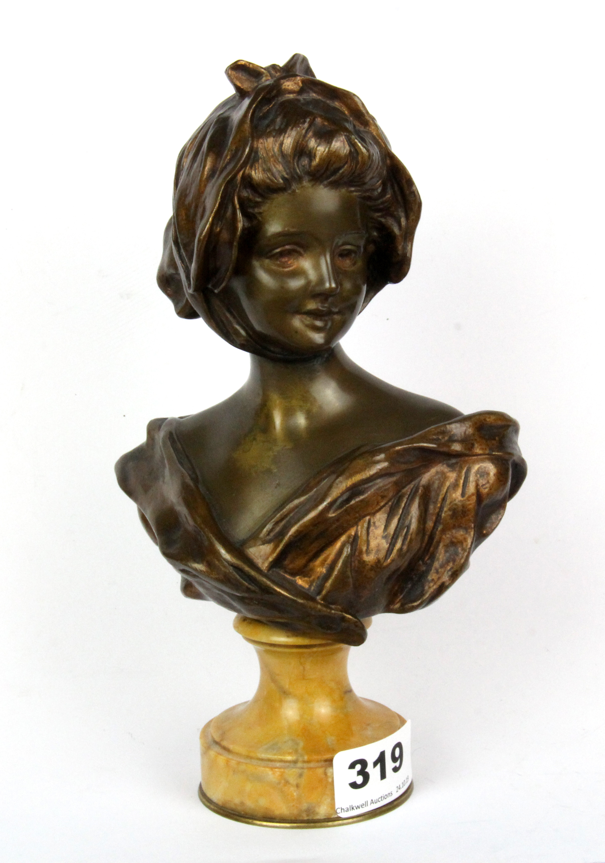 A 19th century signed French bronze Art Nouveau bust of a girl on a turned marble base by Van der