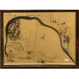 An interesting watercolour on brown paper of a young woman resting, mounted in a walnut frame,