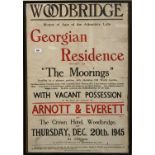 A 1945 framed property sale poster for Woodbridge in Suffolk, framed size 61 x 88cm.