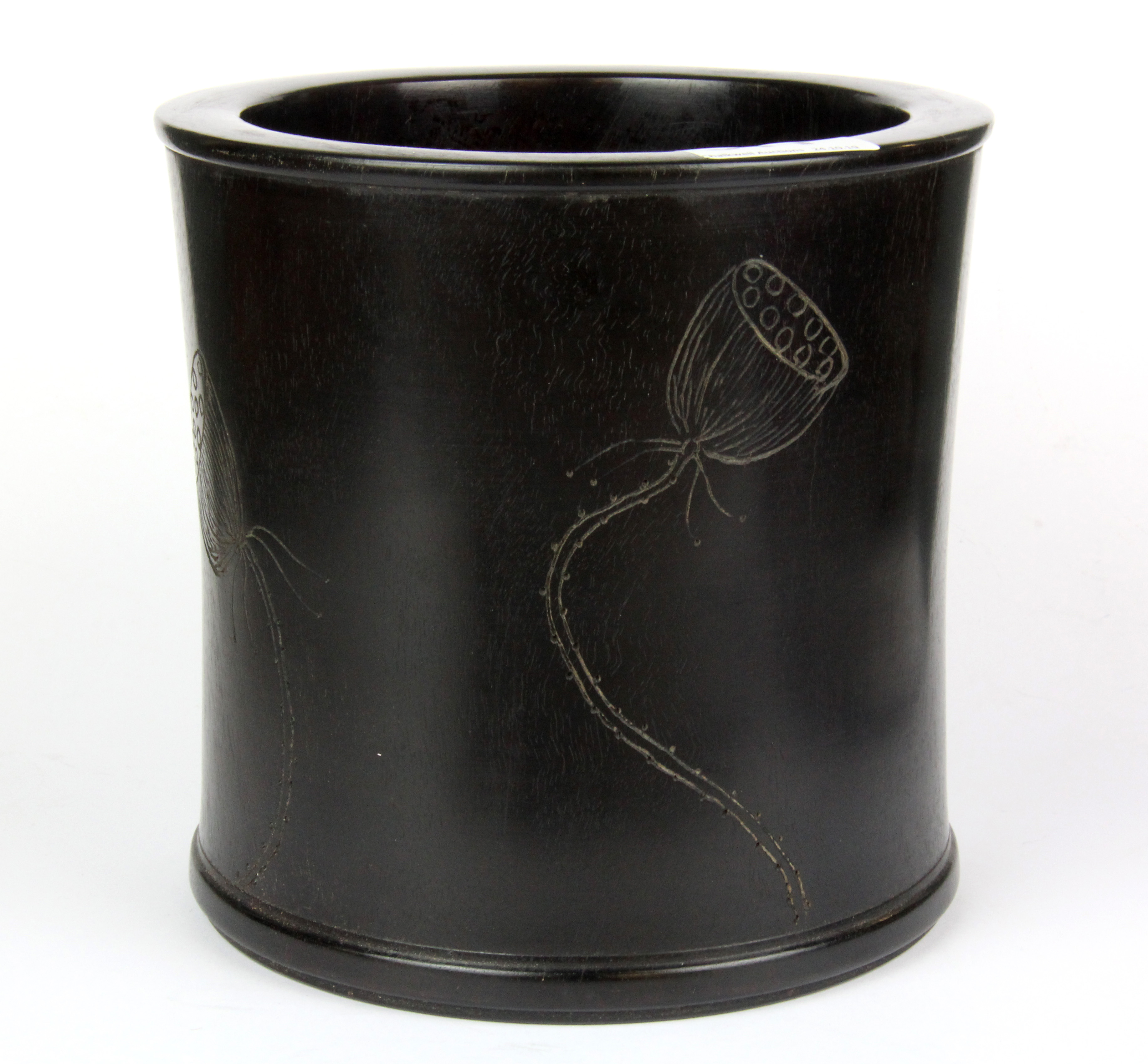 A Chinese carved black hardwood brush pot (probably Zitan), Dia. 18cm H. 17cm.