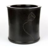 A Chinese carved black hardwood brush pot (probably Zitan), Dia. 18cm H. 17cm.