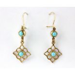 A pair of 9ct yellow gold turquoise set drop earrings, L. 4cm.