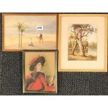 A small framed watercolour desert scene signed M. Preston together with a further watercolour and