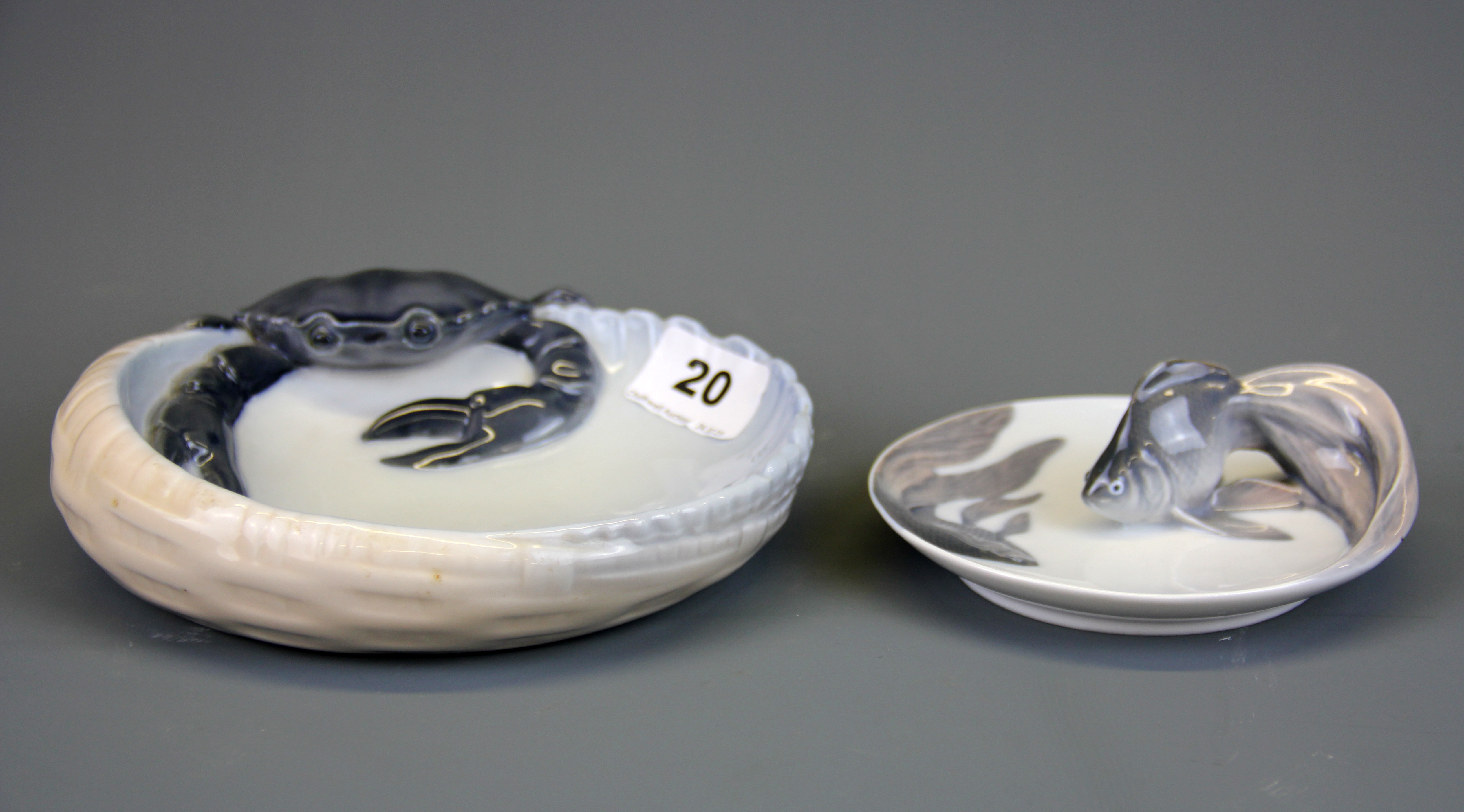 Two Royal Copenhagen dishes, crab dish W. 17cm.