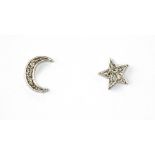 A pair of 18ct white gold diamond set moon and star shaped stud earrings, L. 0.7cm.