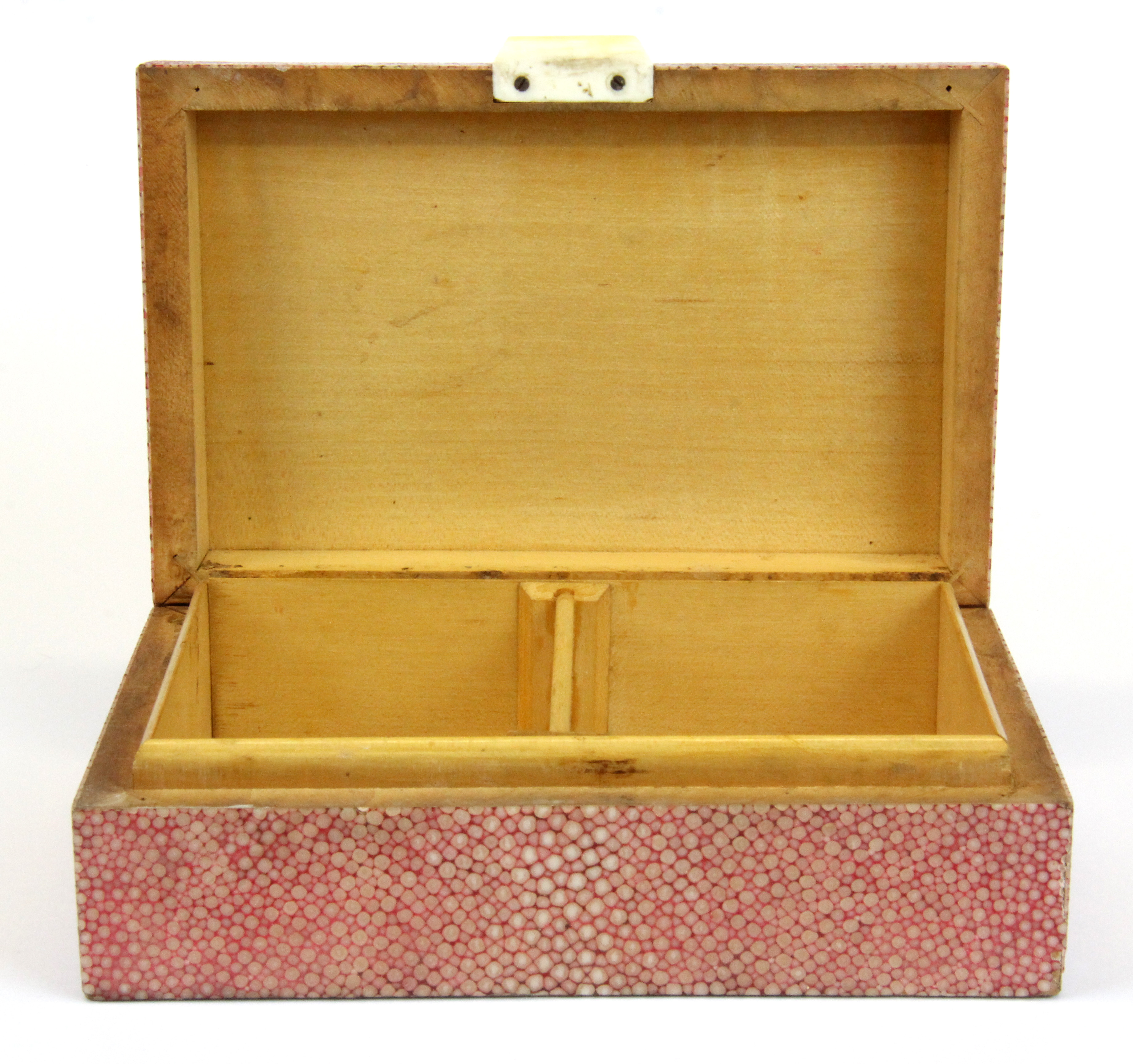 A 1920's shagreen covered wooden cigarette box, size 17 x 11 x 5.5cm. - Image 2 of 2