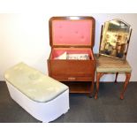 A vintage oak workbox with a mirror, stool and linen chest.