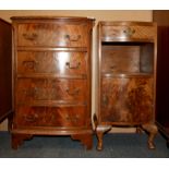 A burr walnut veneered four drawer chest, size 48 x 36 x 75cm together with a burr walnut veneered