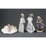 Two Lladro figurines and two Nao figurines, Lladro girl with flower pot and Nao girl with flared