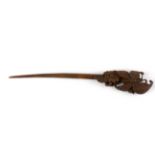 A Chinese carved fruitwood hair pin of a butterfly, L. 17.5cm.