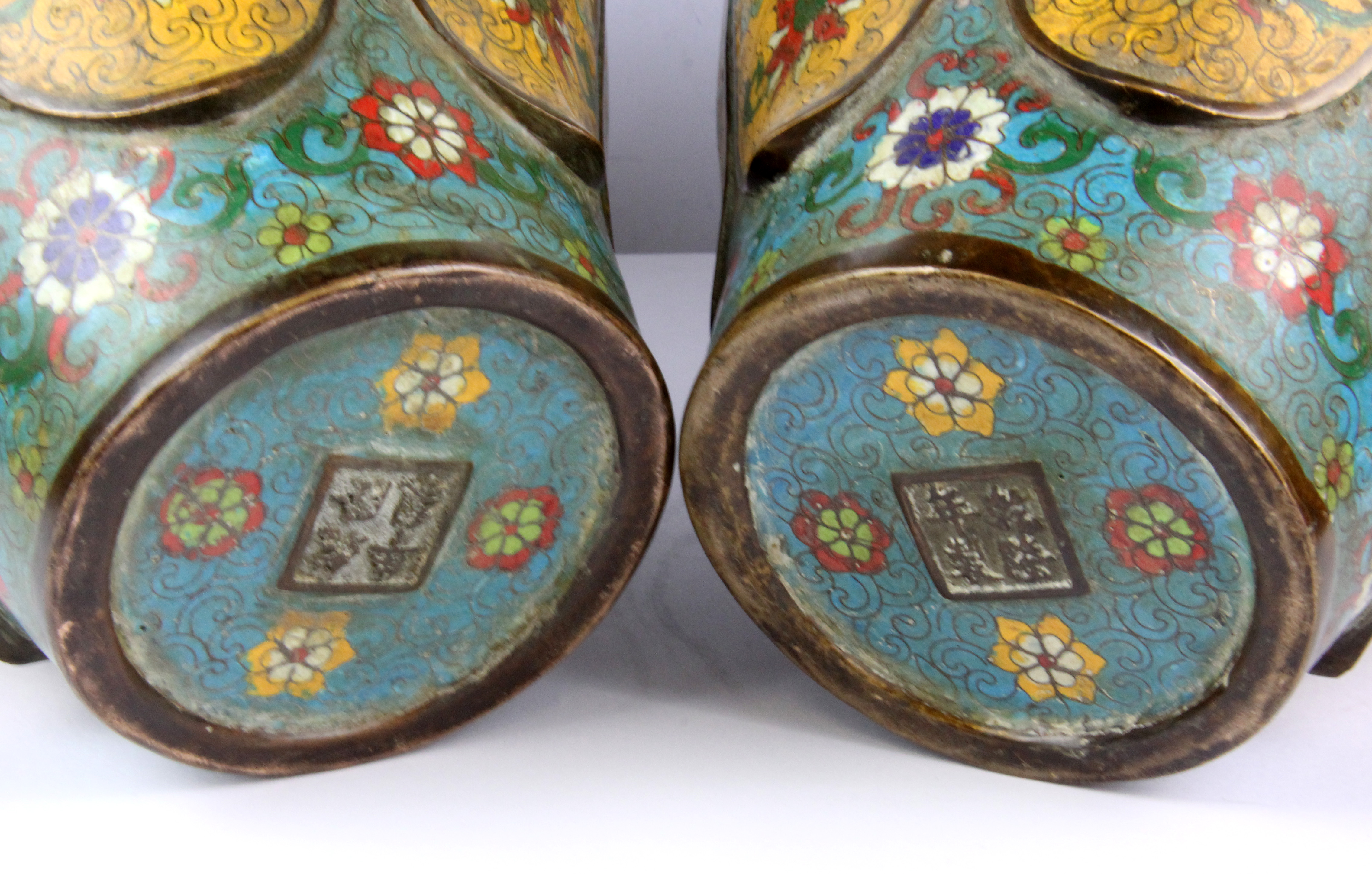 A superb pair of Chinese cloisonne on bronze lobed vases with elephant head handles, H. 33cm. - Image 2 of 2