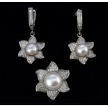 A pair of 925 silver pearl and white stone set drop earrings together with a matching pendant, L.
