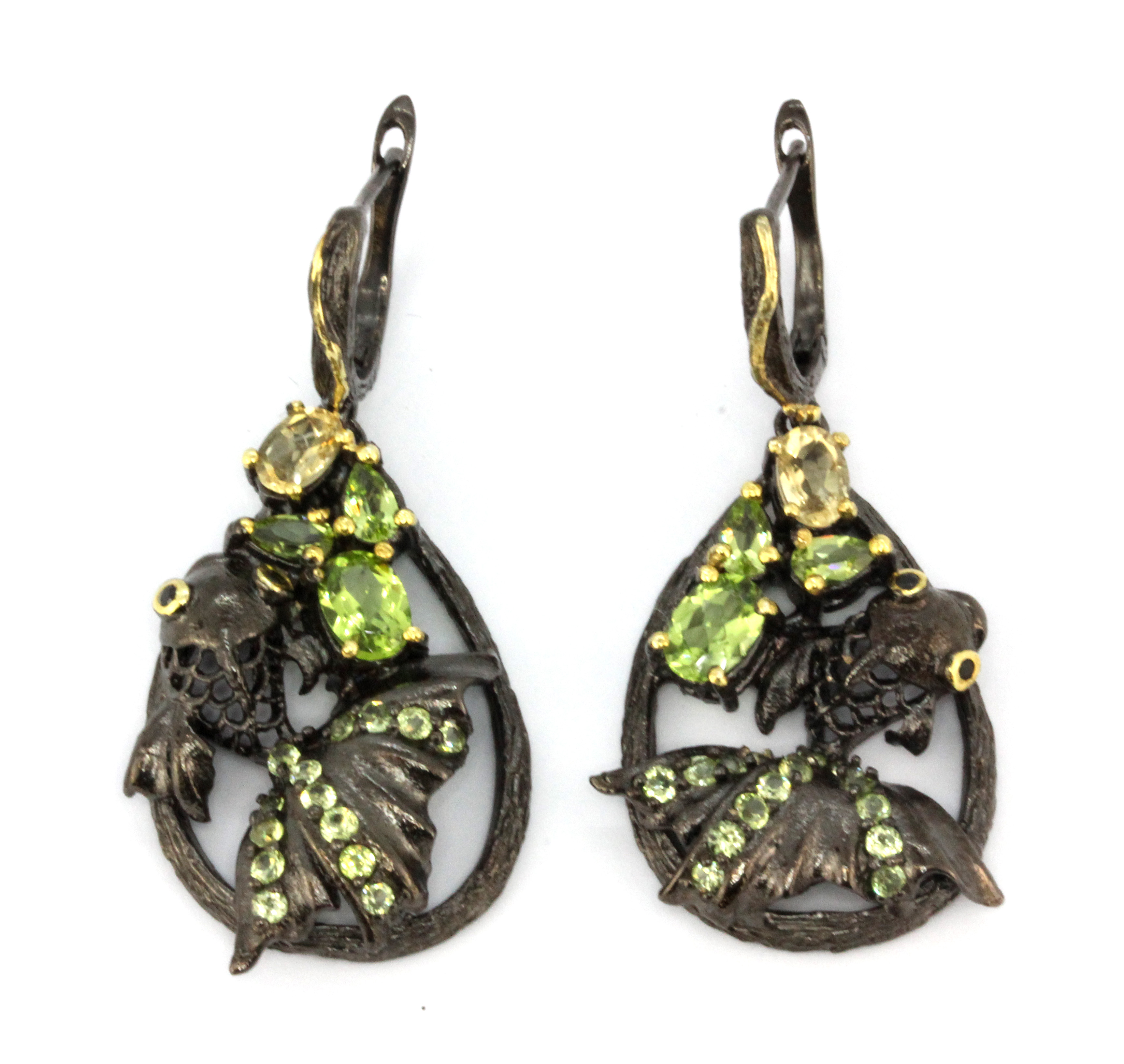 A pair of Hana Maae designer 925 silver gilt earrings in the shape of a fantail fish, set with