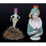 A 1920's porcelain pin cushion and half doll, pin cushion H. 11cm.