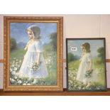 A framed oil on canvas of a little girl together with a 1920's print that inspired it, painting