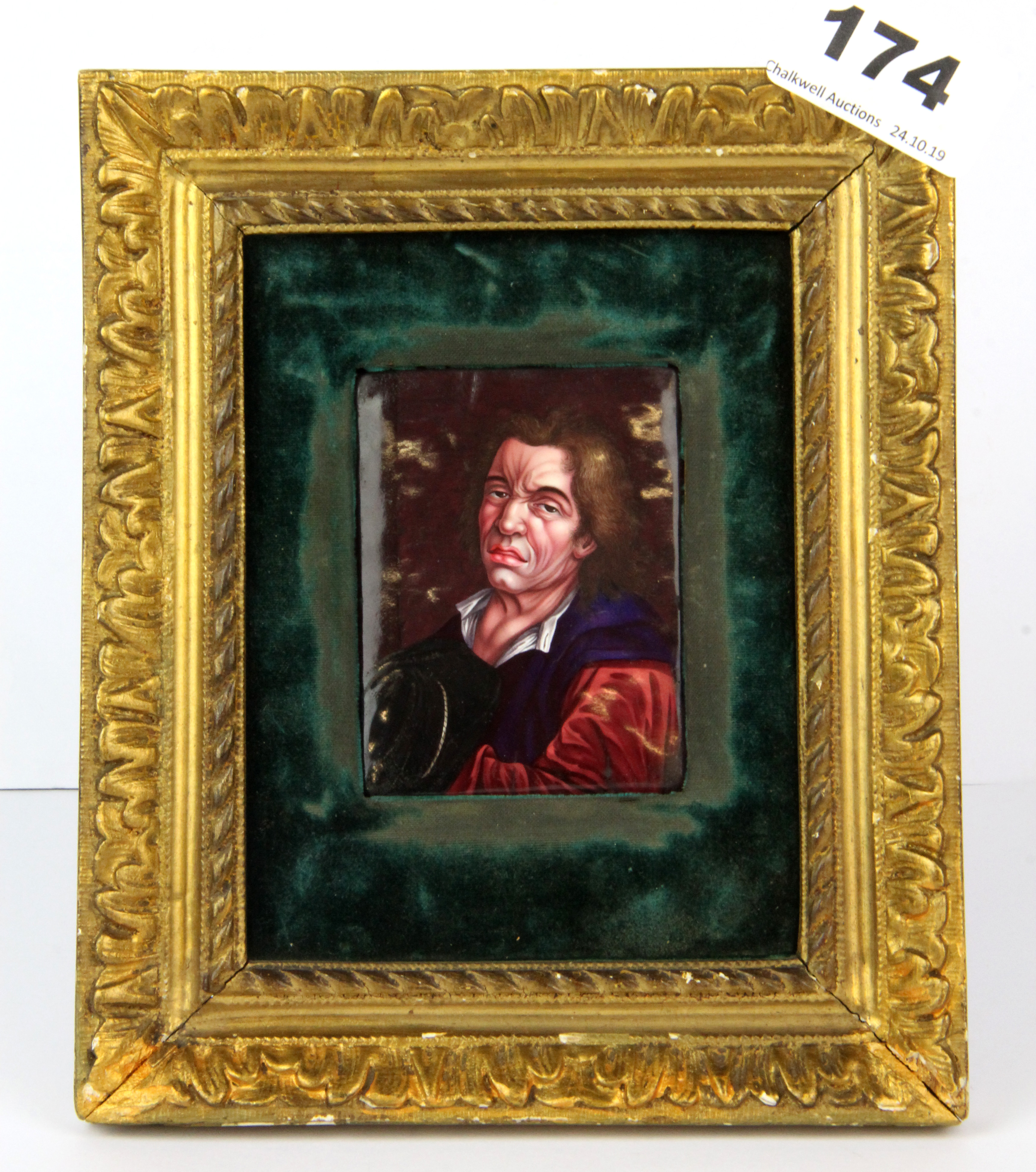 A gilt framed French hand enamelled portrait miniature, framed size 17 x 15cm.