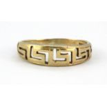 A 9ct yellow gold Greek pattern ring and a further 9ct gold ring, (M).