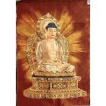 A Chinese woven silk panel of the seated Buddha with gilt thread, size 61 x 90cm.