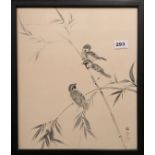 A framed Chinese signed monochrome ink painting of three birds on a stem of bamboo, frame 38 x