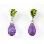 A pair of 925 silver earrings set with pear cut peridots and briolette cut amethysts, L. 2.2cm.