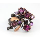 A Hana Maae designer 925 silver gilt ring set with amethysts and rodolite garnets, (S).