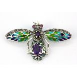 A 925 silver and marcasite enamelled bee shaped brooch set with amethysts, 5.7 x 3.5cm.