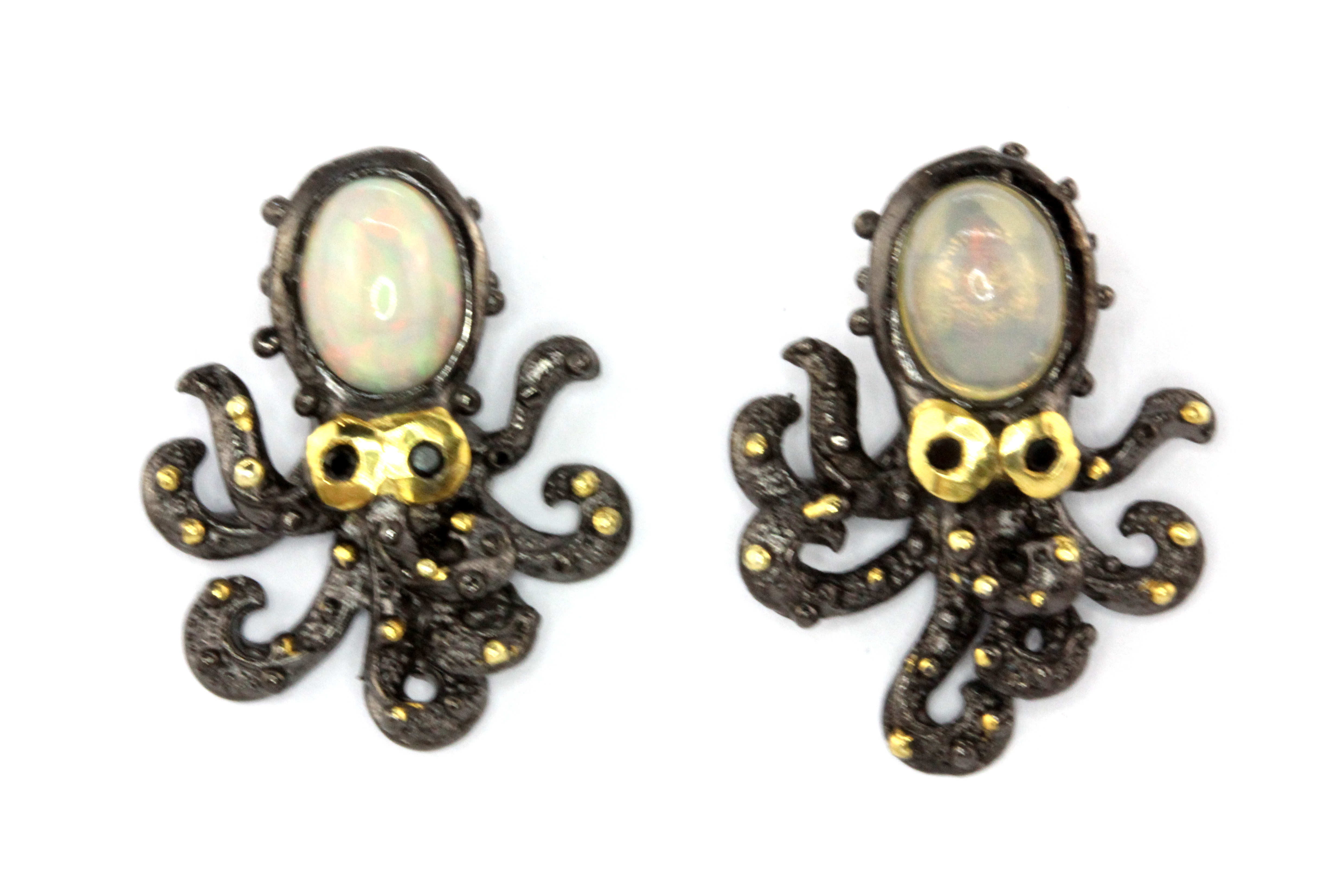 A pair of Hana Maae designer 925 silver gilt octopus shaped earrings set with opal and sapphire