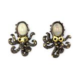 A pair of Hana Maae designer 925 silver gilt octopus shaped earrings set with opal and sapphire