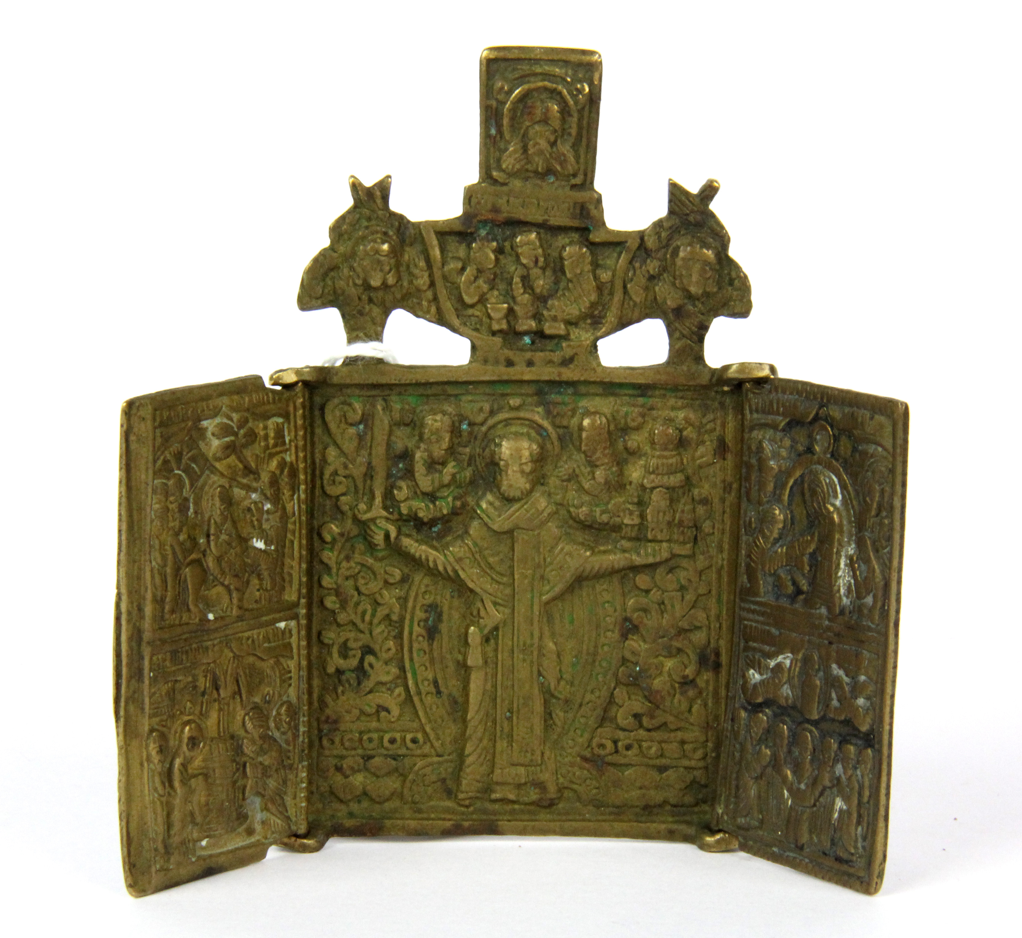 A 19th Century Russian cast brass travelling icon, H. 9cm.